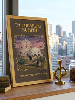The Hearing Trumpet Classic Book Art Print by Leonora Carrington – framed print on a city-view windowsill