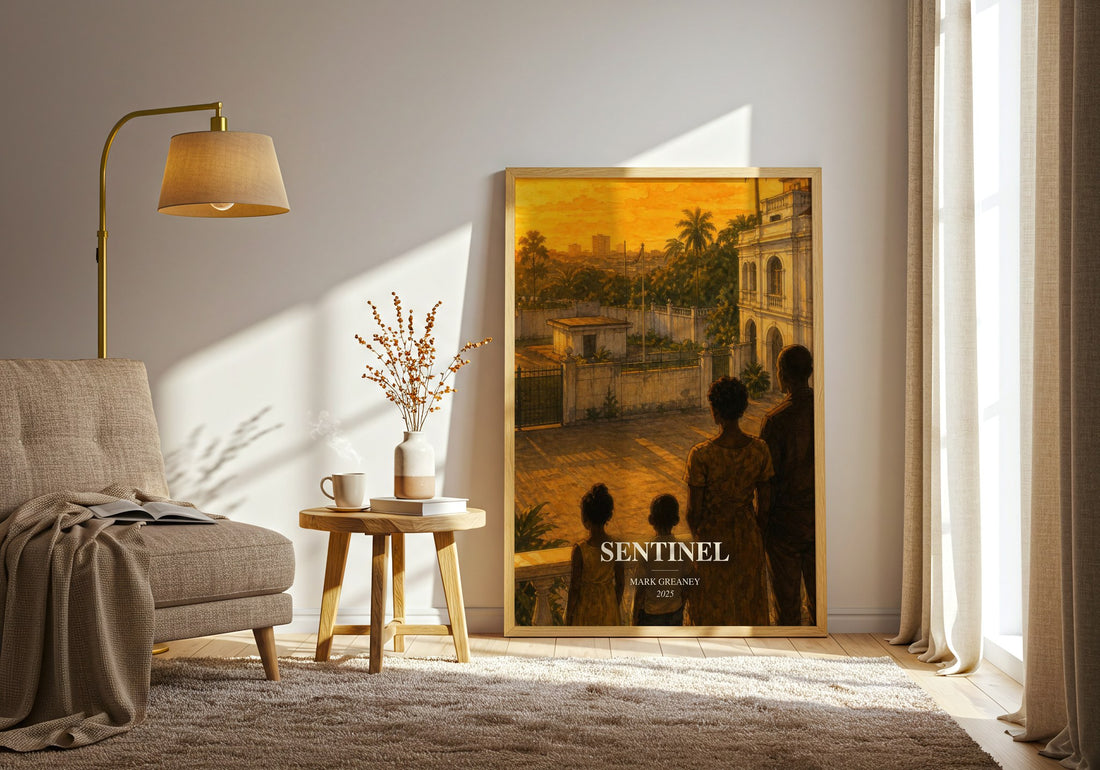 Sentinel watercolour print in frame leaning in hallway – thriller wall art (mockup)