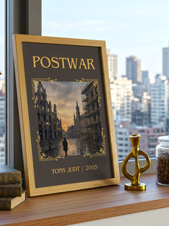 Postwar Classic Book Art Print by Tony Judt – framed print on a city-view windowsill