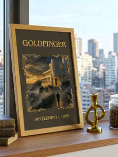 Goldfinger Classic Book Art Print by Ian Fleming – framed print on a city-view windowsill