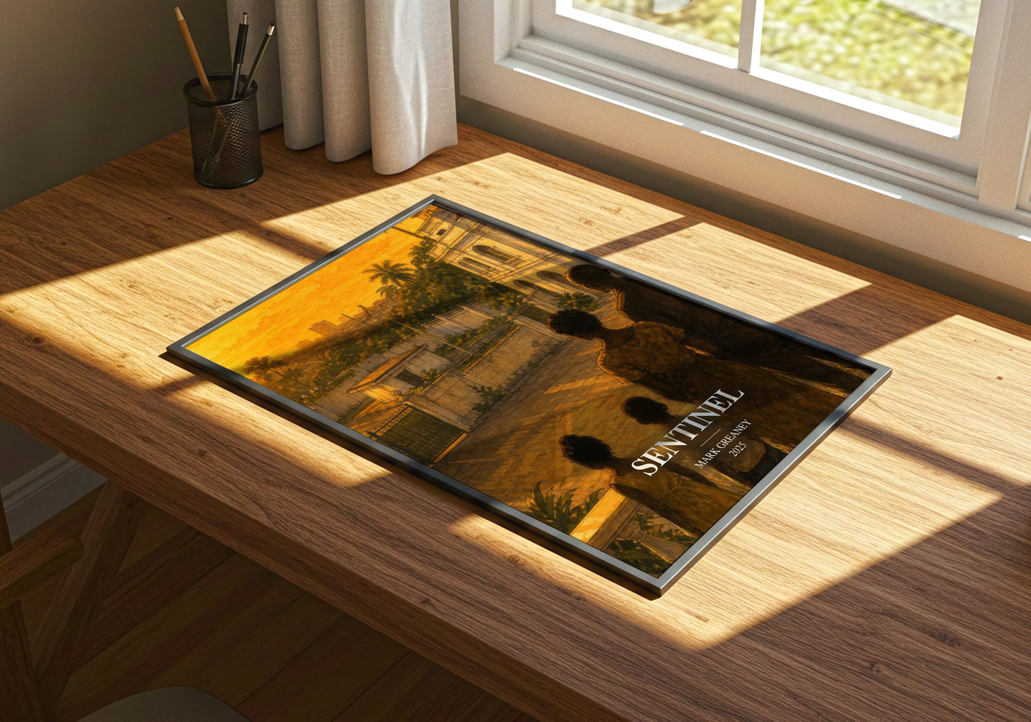 Sentinel watercolour book poster framed on wall – thriller wall art
