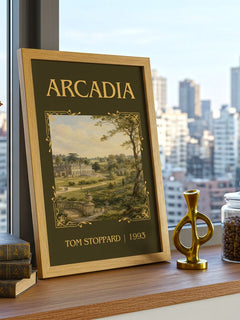 Arcadia Classic Book Art Print by Tom Stoppard – framed print on a city-view windowsill
