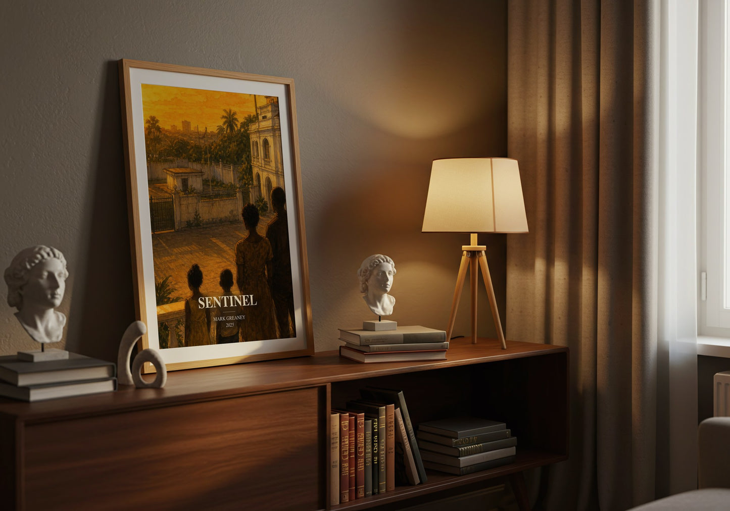 Sentinel watercolour print on bookshelf – Mark Greaney fan gift