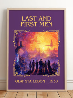 Last And First Men Classic Book Art Print by Olaf Stapledon – framed print leaning on a wooden floor