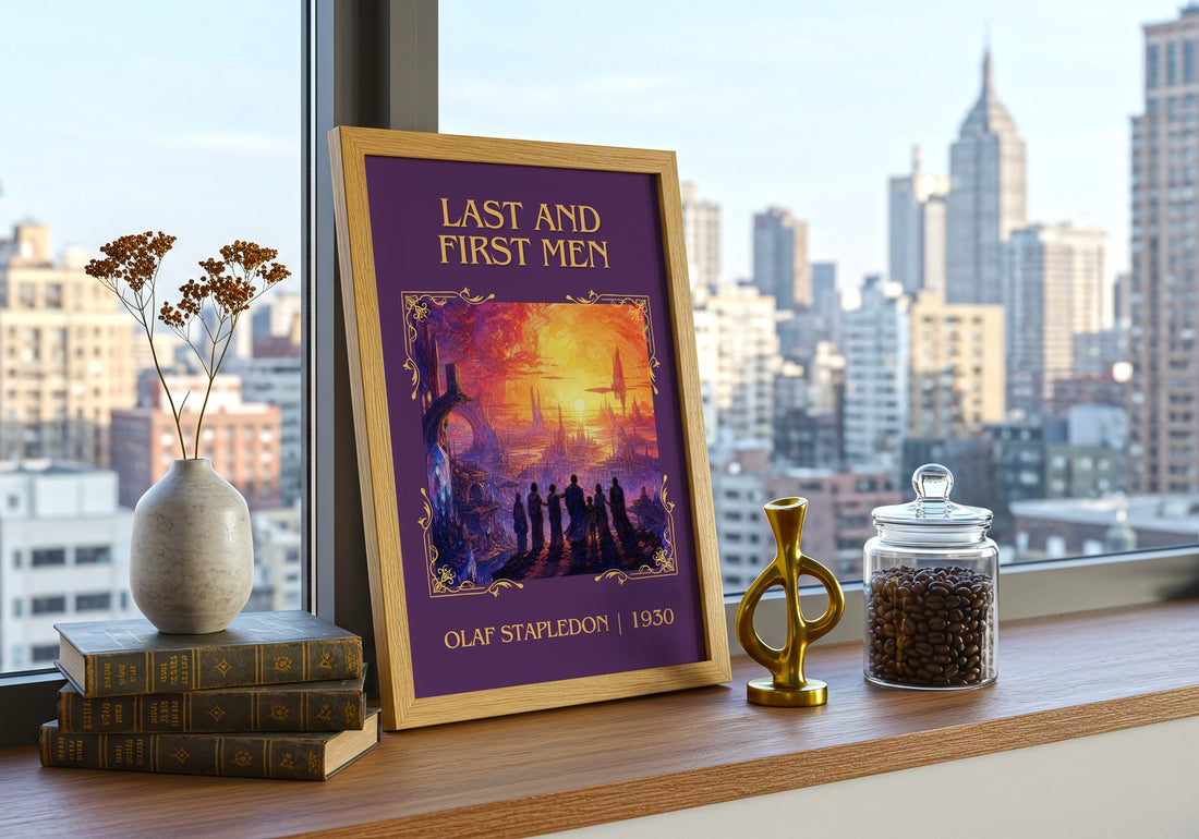 Last And First Men Classic Book Art Print by Olaf Stapledon – framed print on a city-view windowsill