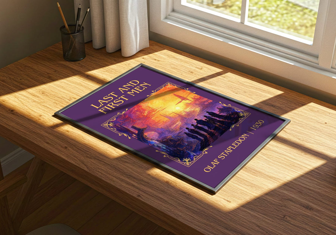 Last And First Men Classic Book Art Print by Olaf Stapledon – print on a sunlit desk