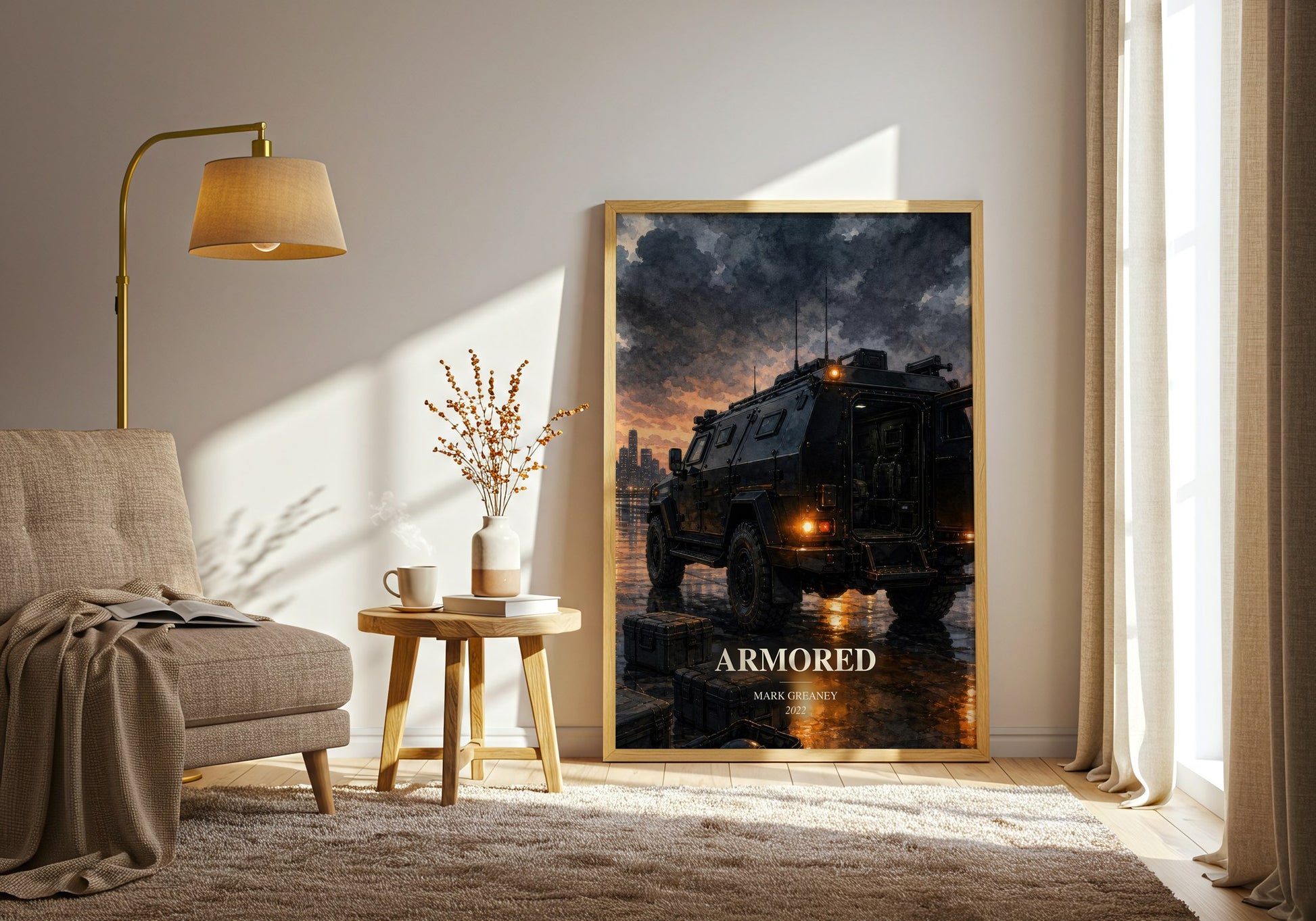 Armored watercolour print in frame leaning in hallway – thriller wall art