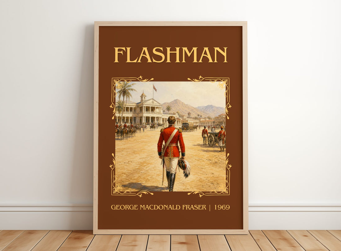 Flashman Classic Book Art Print by George MacDonald Fraser – framed print leaning on a wooden floor