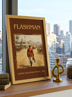 Flashman Classic Book Art Print by George MacDonald Fraser – framed print on a city-view windowsill