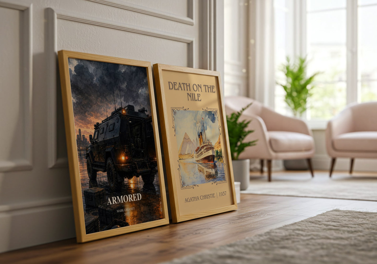 Armored watercolour print framed by window – literary home decor