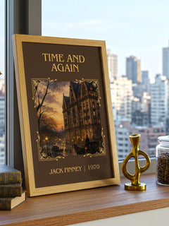 Time and Again Classic Book Art Print by Jack Finney – framed print on a city-view windowsill