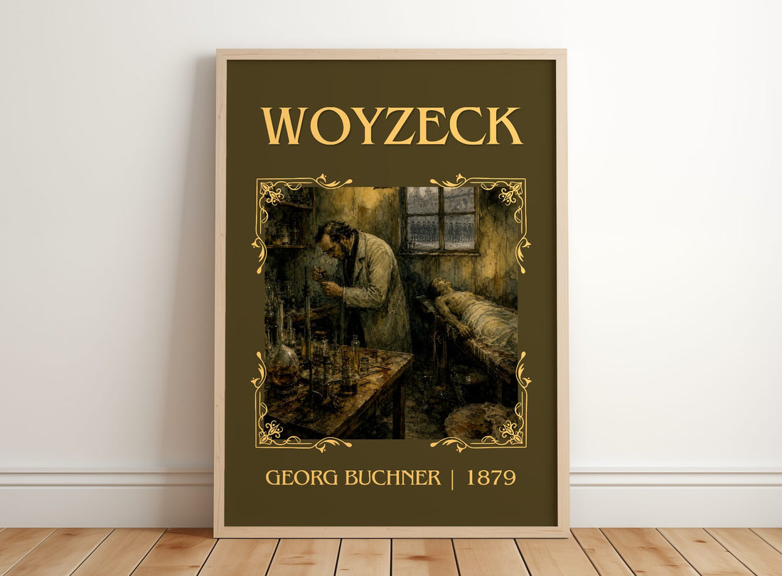 Woyzeck Classic Book Art Print by Georg Buchner – framed print leaning on a wooden floor