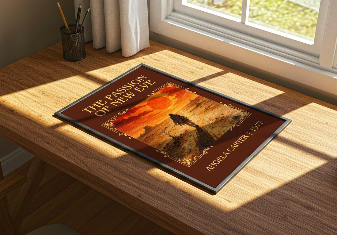 The Passion Of New Eve Classic Book Art Print by Angela Carter – print on a sunlit desk
