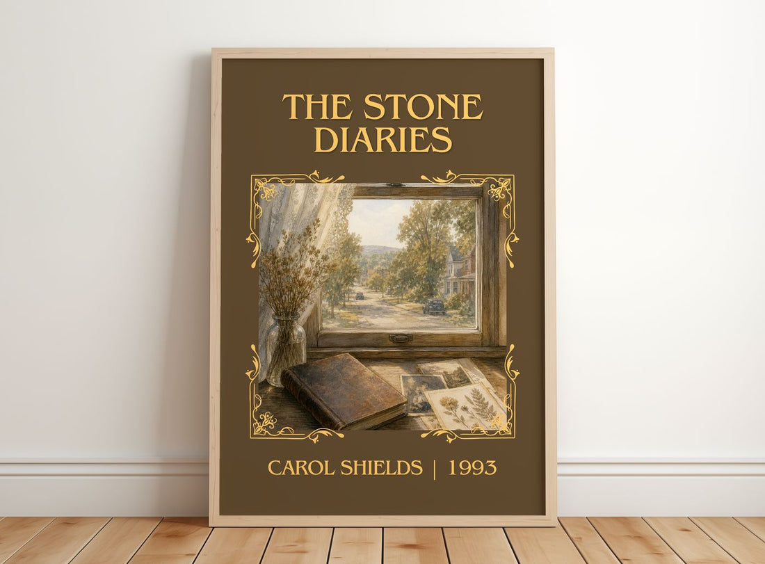 The Stone Diaries Classic Book Art Print by Carol Shields – framed print leaning on a wooden floor