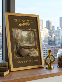 The Stone Diaries Classic Book Art Print by Carol Shields – framed print on a city-view windowsill