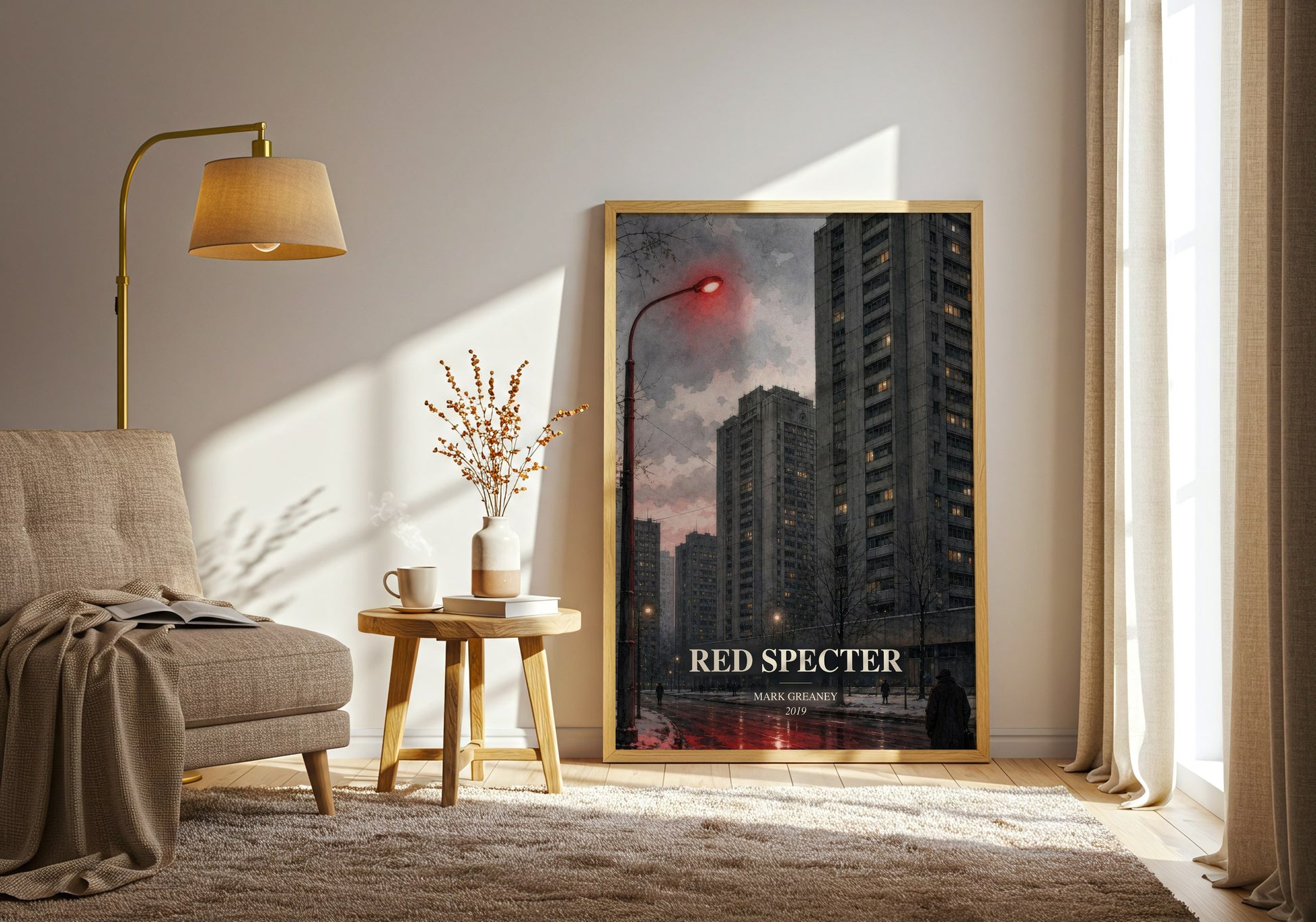 Red Specter watercolour print in frame leaning in hallway – thriller wall art