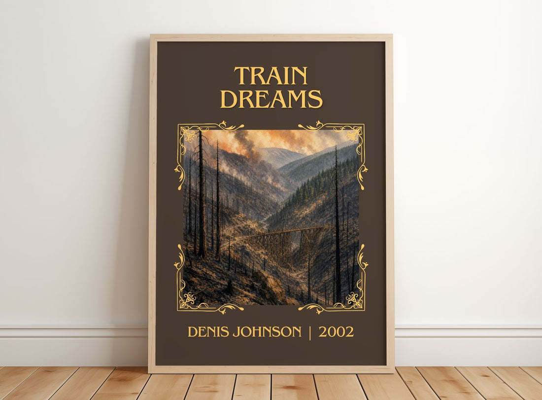 Train Dreams Classic Book Art Print by Denis Johnson – framed print leaning on a wooden floor