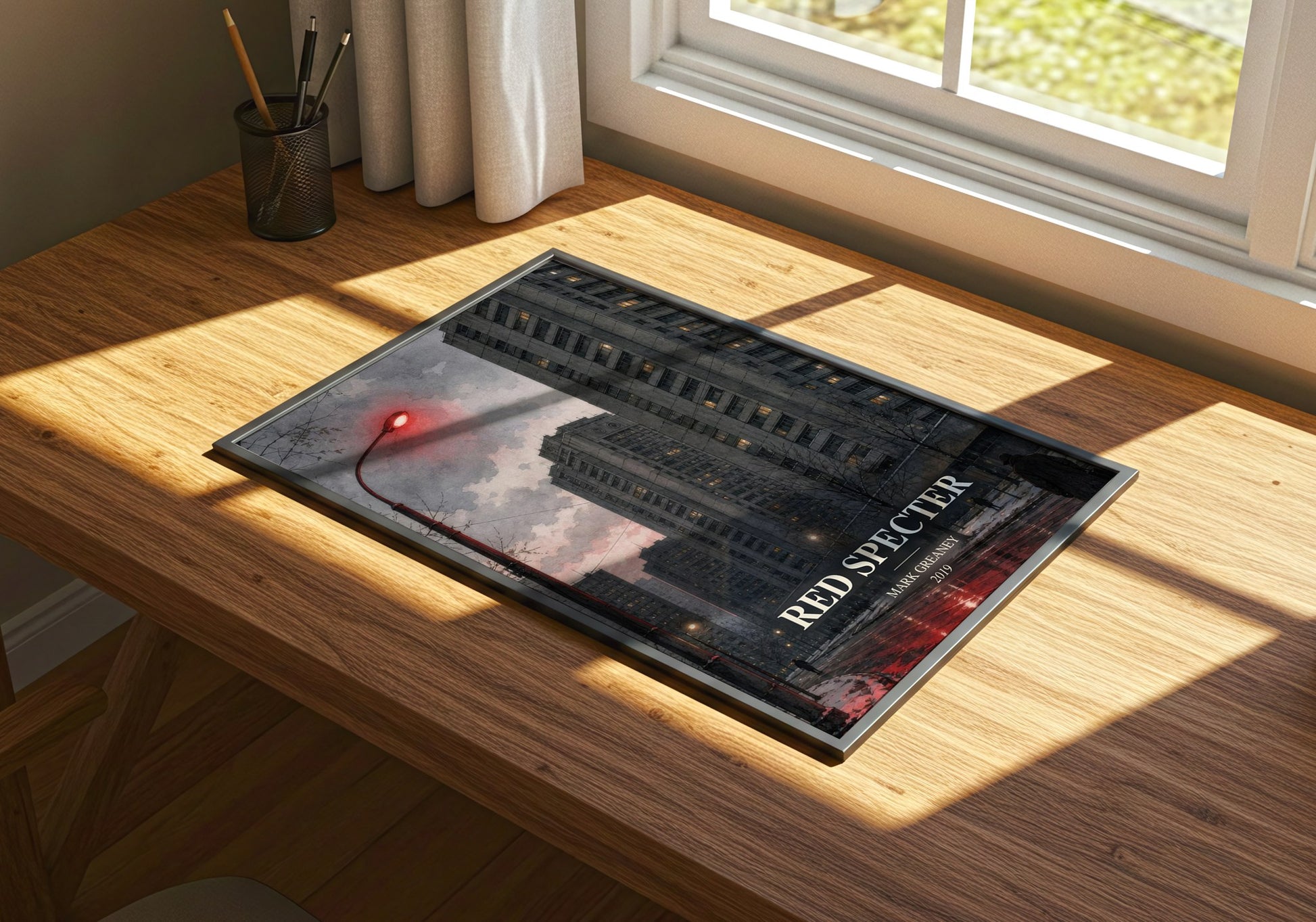 Red Specter watercolour book poster framed on wall – thriller wall art