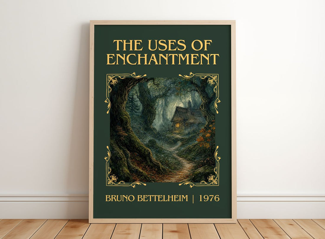 The Uses of Enchantment Classic Book Art Print by Bruno Bettelheim – framed print leaning on a wooden floor