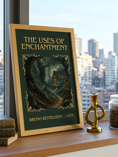 The Uses of Enchantment Classic Book Art Print by Bruno Bettelheim – framed print on a city-view windowsill