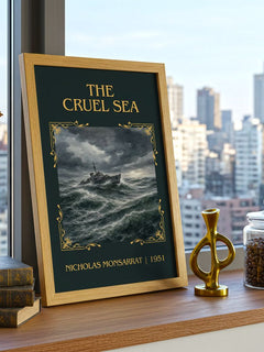 The Cruel Sea Classic Book Art Print by Nicholas Monsarrat – framed print on a city-view windowsill