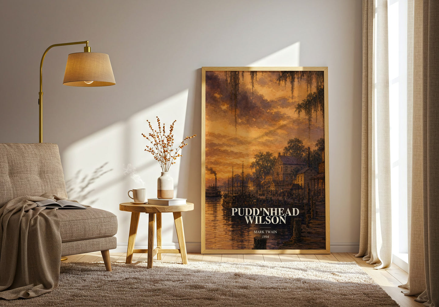Pudd'Nhead Wilson watercolour print in frame leaning in hallway – satire wall art