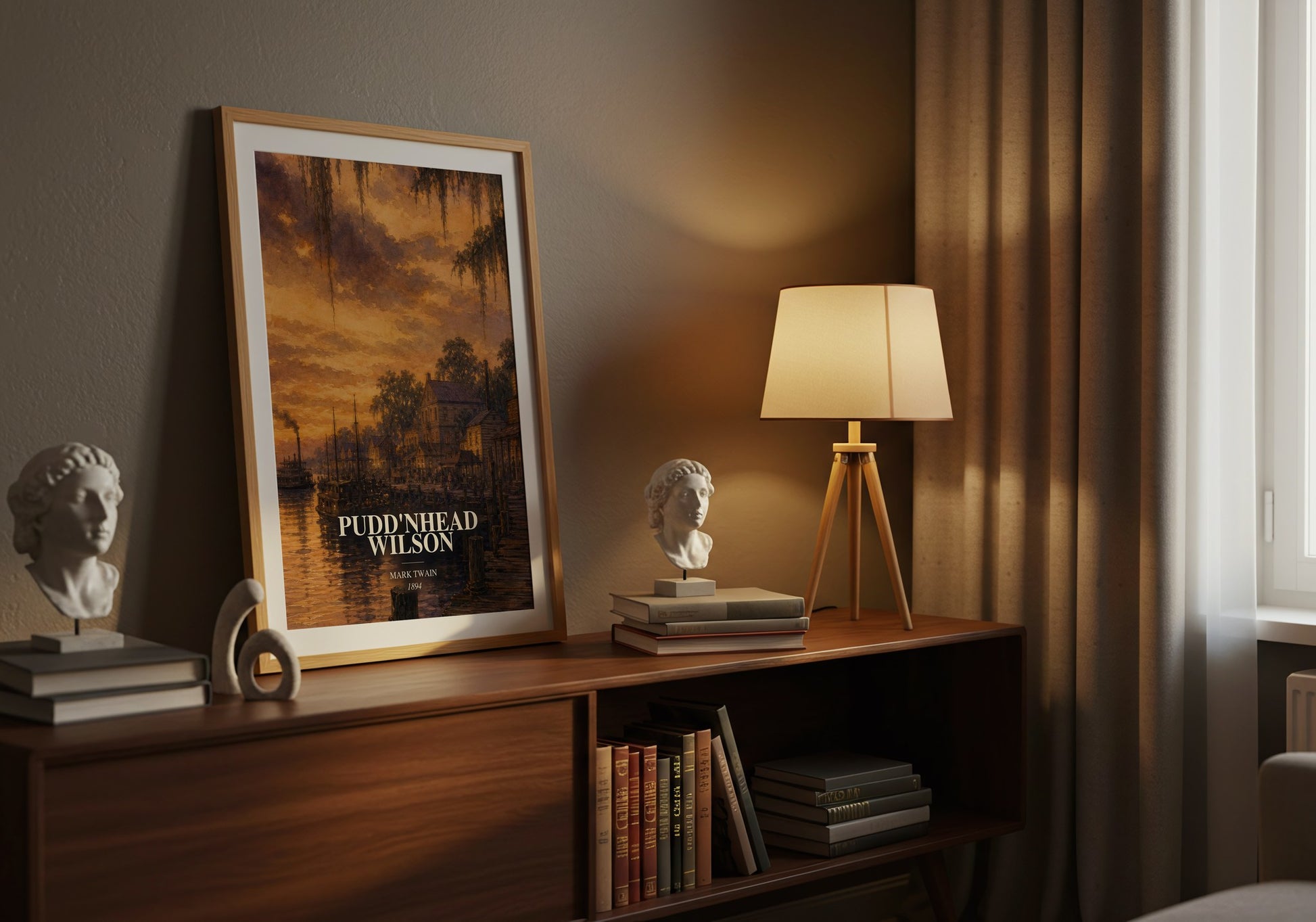 Pudd'Nhead Wilson watercolour print on bookshelf – Mark Twain fan gift