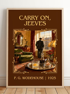 Carry On, Jeeves Classic Book Art Print by P. G. Wodehouse – framed print leaning on a wooden floor