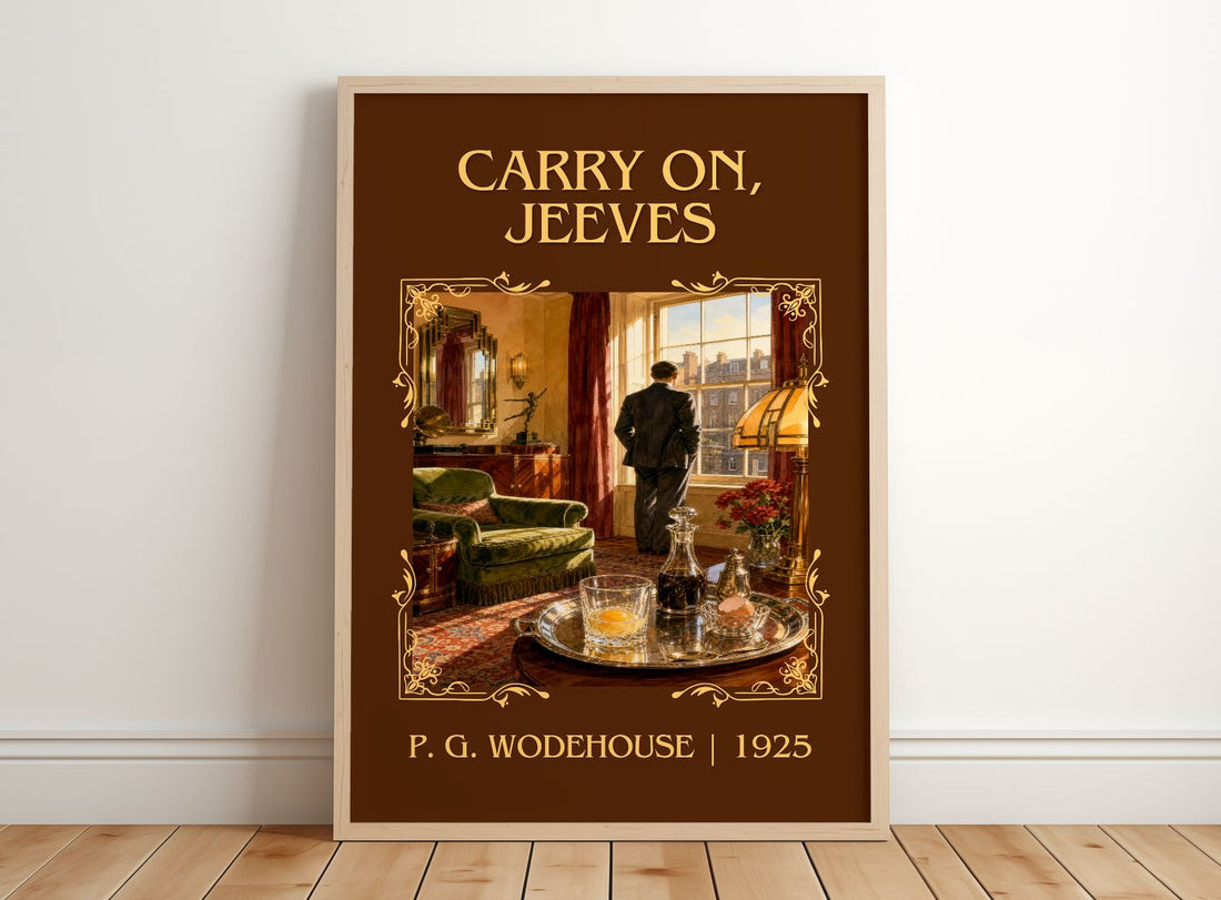 Carry On, Jeeves Classic Book Art Print by P. G. Wodehouse – framed print leaning on a wooden floor