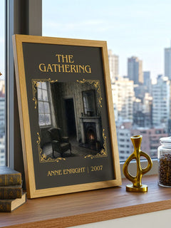 The Gathering Classic Book Art Print by Anne Enright – framed print on a city-view windowsill
