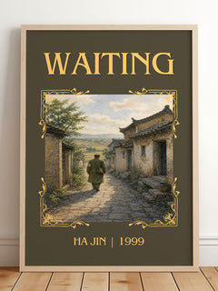 Waiting Classic Book Art Print by Ha Jin – framed print leaning on a wooden floor