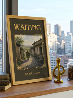 Waiting Classic Book Art Print by Ha Jin – framed print on a city-view windowsill