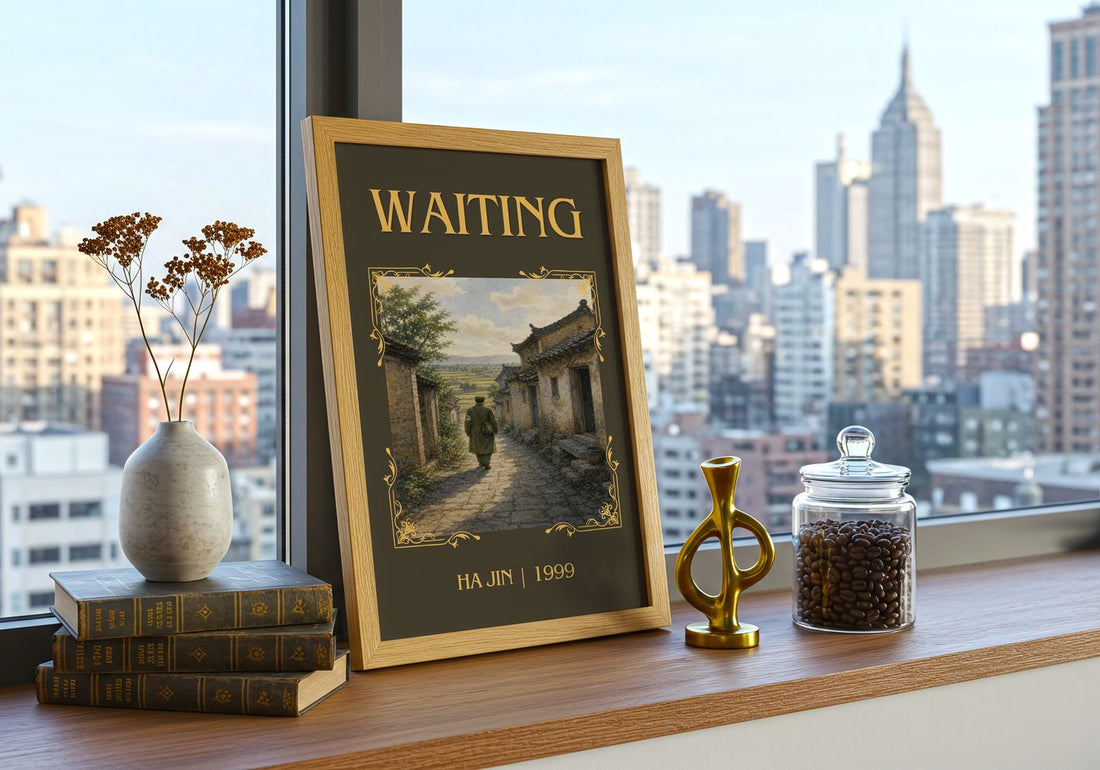 Waiting Classic Book Art Print by Ha Jin – framed print on a city-view windowsill