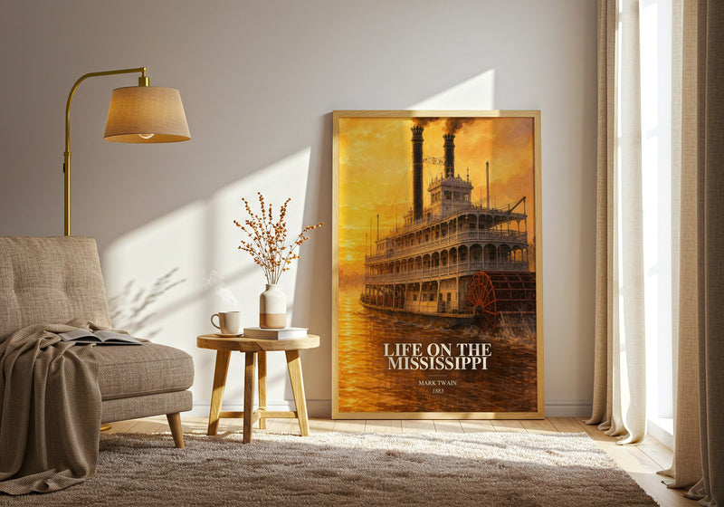 Life On The Mississippi watercolour print in frame leaning in hallway – memoir wall art