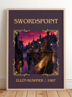 Swordspoint Classic Book Art Print by Ellen Kushner – framed print leaning on a wooden floor