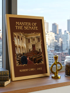Master of the Senate Classic Book Art Print by Robert Caro – framed print on a city-view windowsill