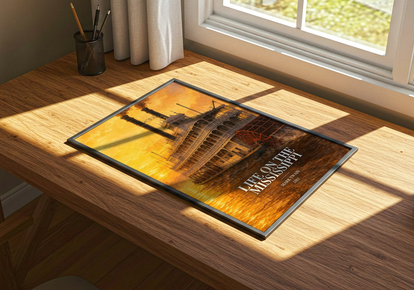 Life On The Mississippi watercolour book poster framed on wall – memoir wall art
