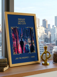 Bright Lights, Big City Classic Book Art Print by Jay McInerney – framed print on a city-view windowsill