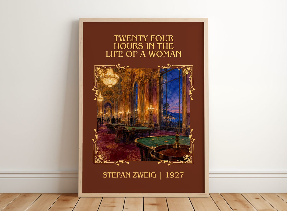 Twenty Four Hours In The Life Of A Woman Classic Book Art Print by Stefan Zweig – framed print leaning on a wooden floor