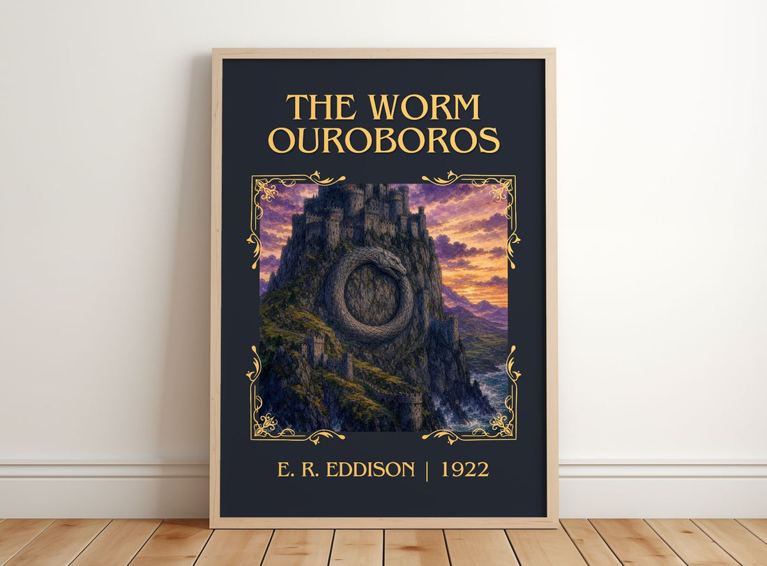 The Worm Ouroboros Classic Book Art Print by E. R. Eddison – framed print leaning on a wooden floor