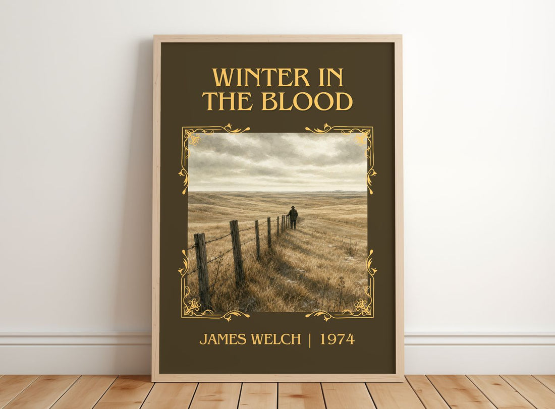 Winter In The Blood Classic Book Art Print by James Welch – framed print leaning on a wooden floor
