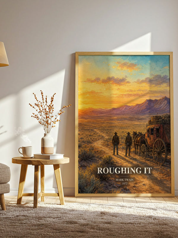 Roughing It watercolour print in frame leaning in hallway – memoir wall art