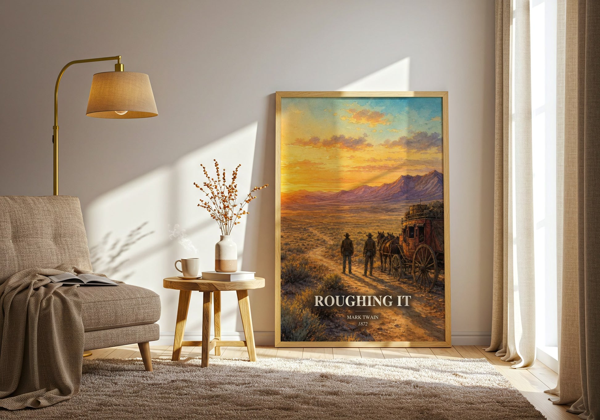 Roughing It watercolour print in frame leaning in hallway – memoir wall art