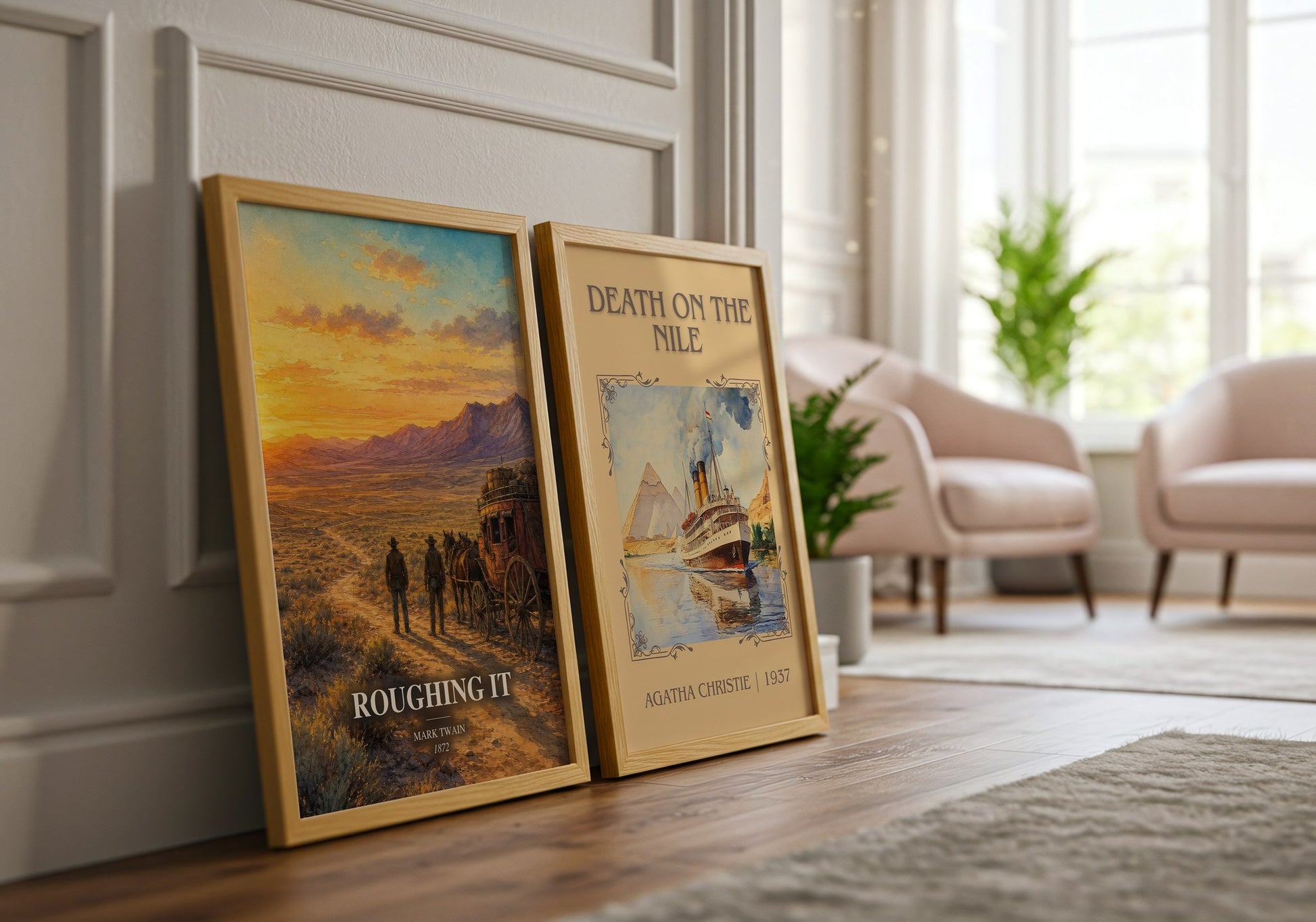 Roughing It watercolour print framed by window – literary home decor