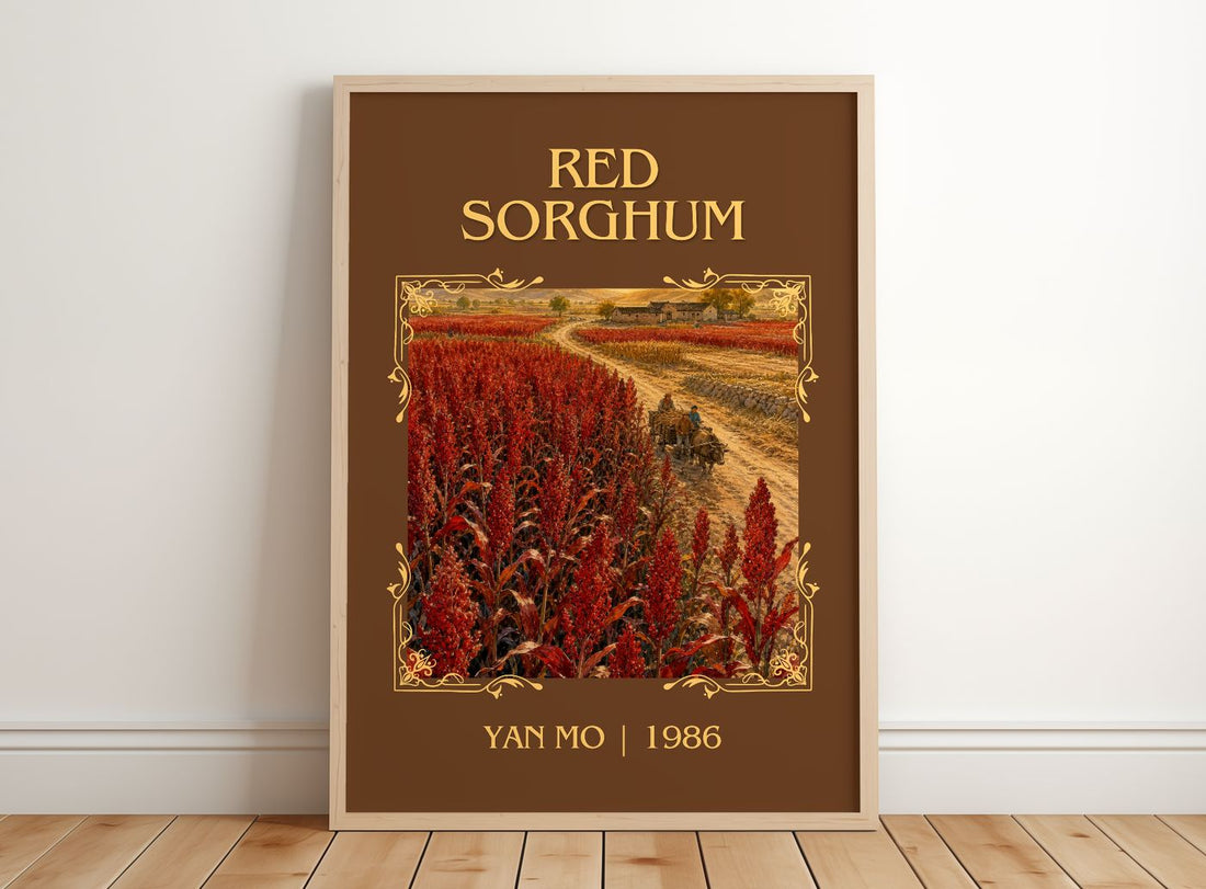 Red Sorghum Classic Book Art Print by Yan Mo – framed print leaning on a wooden floor