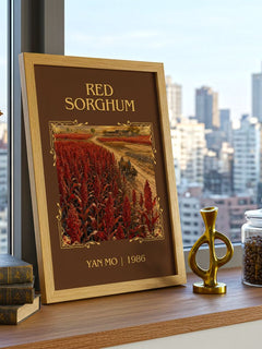 Red Sorghum Classic Book Art Print by Yan Mo – framed print on a city-view windowsill