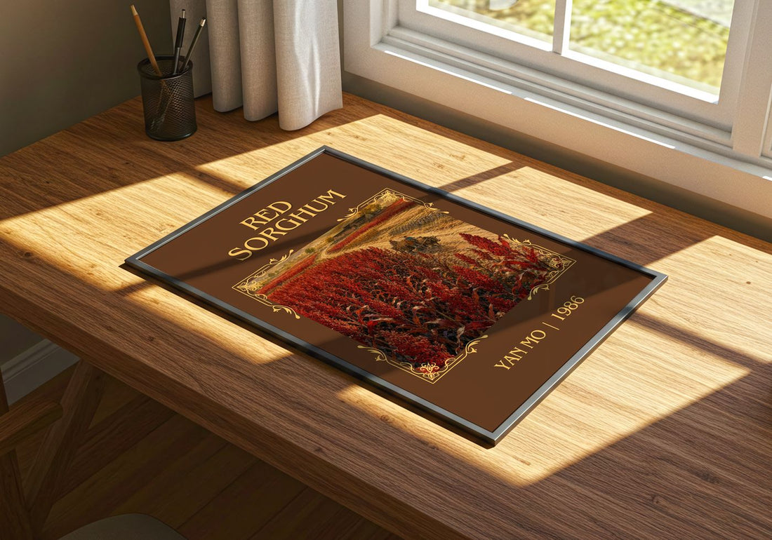 Red Sorghum Classic Book Art Print by Yan Mo – print on a sunlit desk