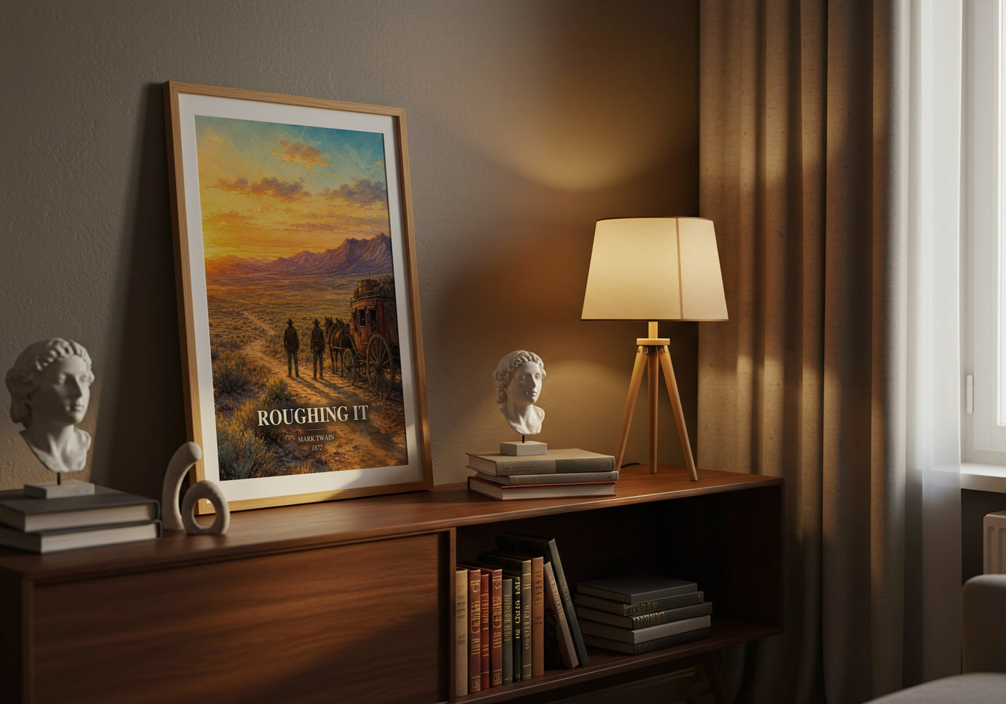 Roughing It watercolour print on bookshelf – Mark Twain fan gift