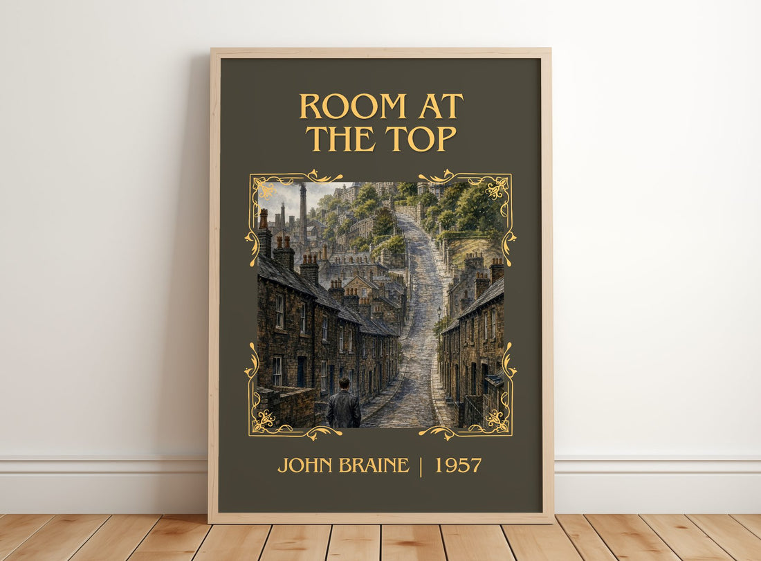 Room At The Top Classic Book Art Print by John Braine – framed print leaning on a wooden floor
