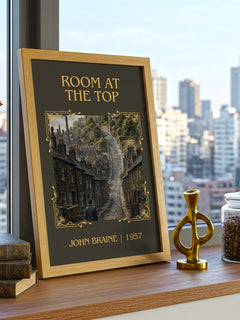 Room At The Top Classic Book Art Print by John Braine – framed print on a city-view windowsill
